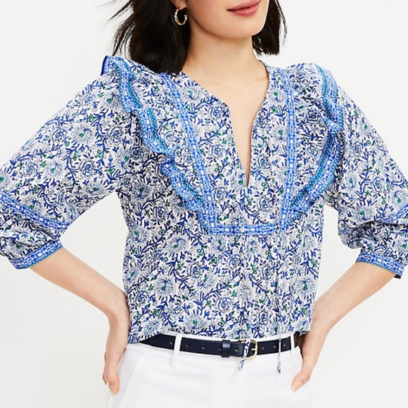 LOFT Tops - LOFT Ruffle Bib Tie Neck Blouse - Blue - SP